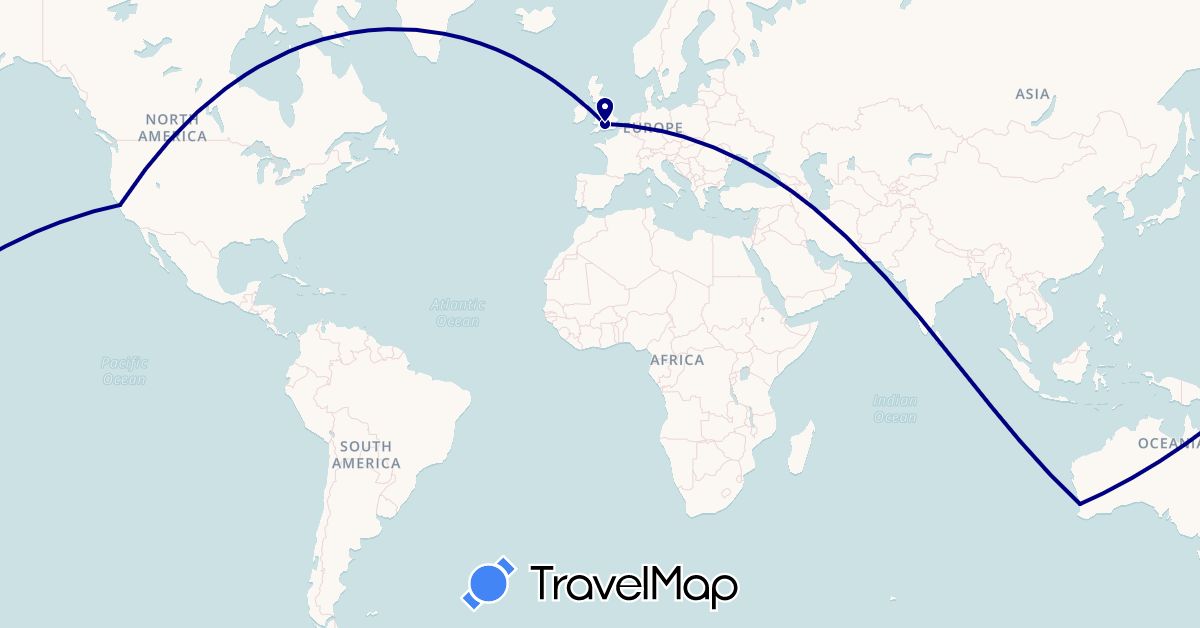 TravelMap itinerary: driving in Australia, United Kingdom, United States (Europe, North America, Oceania)